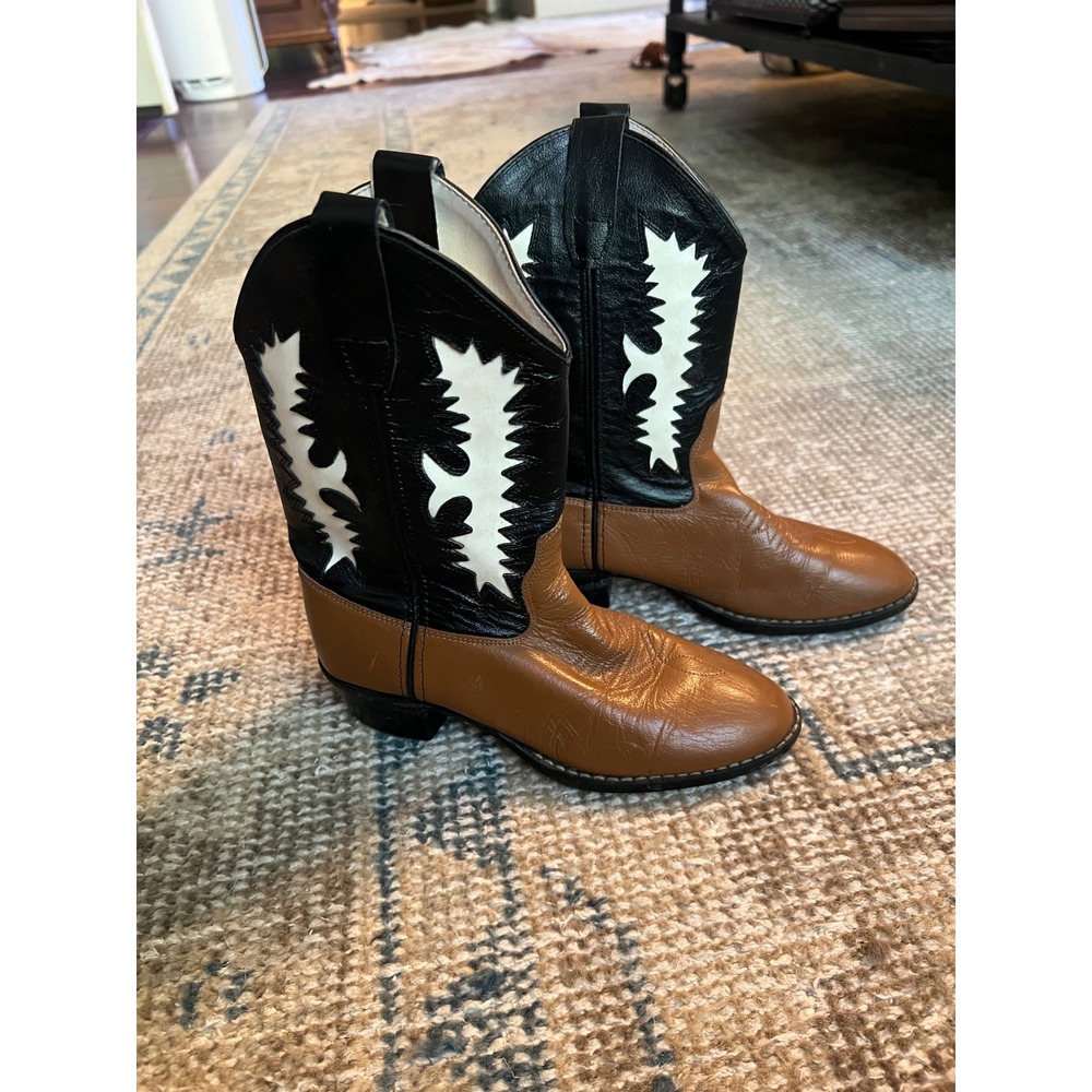 Old West Kids Brown Black Leather Cowboy Western Boots Size 2